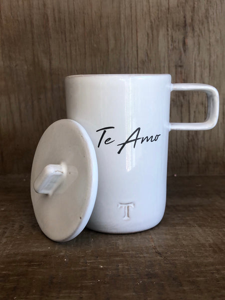 Taza café con tapa neo “Te amo” San Valentín